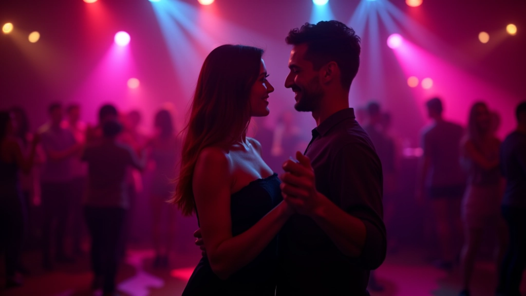Salsa setkání v Praze Letné — taneční pár tancuje v klubu s živou hudbou a barevným osvětlením