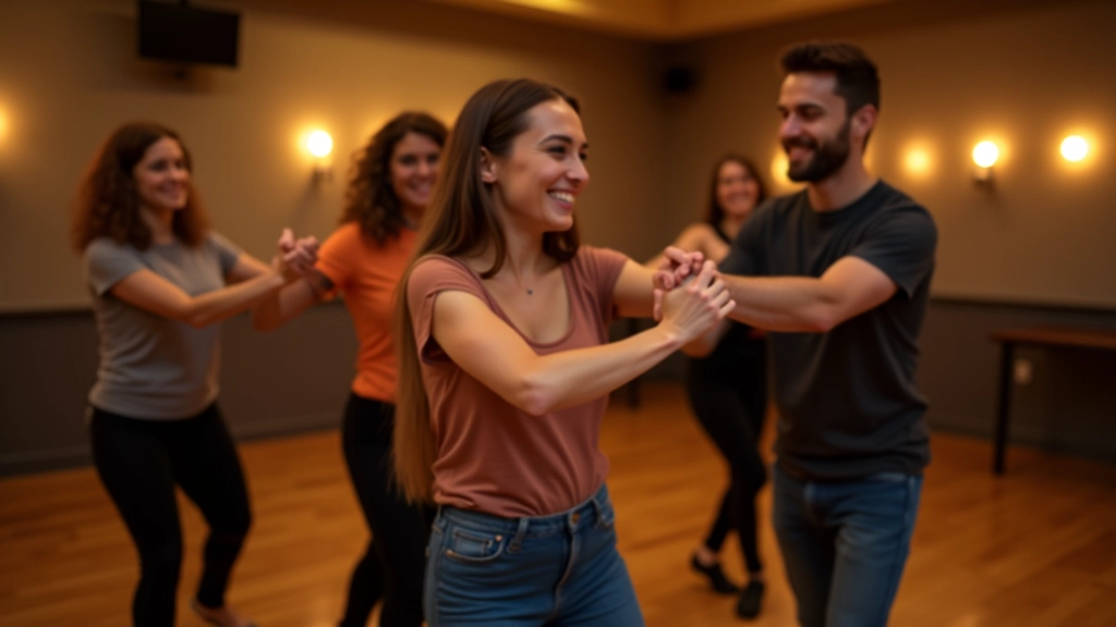 Mladí tanečníci v bachata skupině se smějí a vzájemně se podporují během lekce