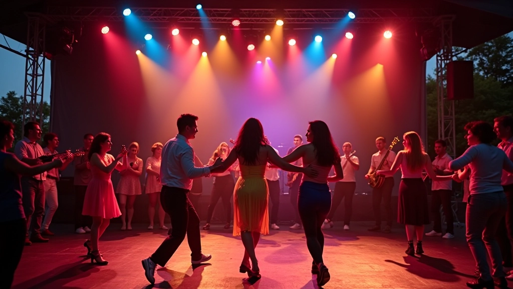 Latinský festival v Táboře — stage s live orchestrou, tančící skupiny v tradičních kostýmech