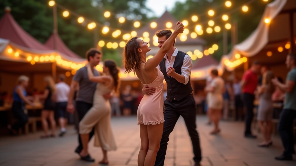 Velký festival v Táboře s barevnými dekoracemi a stovkami tanečníků slavícího latinský tanec